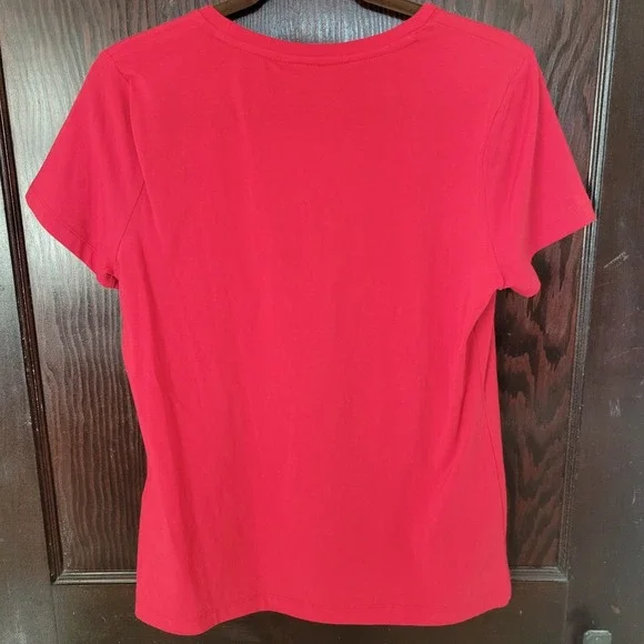 DKNY Women T-Shirt Red Sequined Shiny Short Sleeve NWT Size Medium Casual Logo - Picture 9 of 9